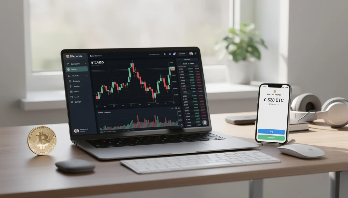 Ordinateur affichant un graphique du Bitcoin et smartphone avec portefeuille crypto, illustrant un guide complet pour acheter du Bitcoin en 2026.