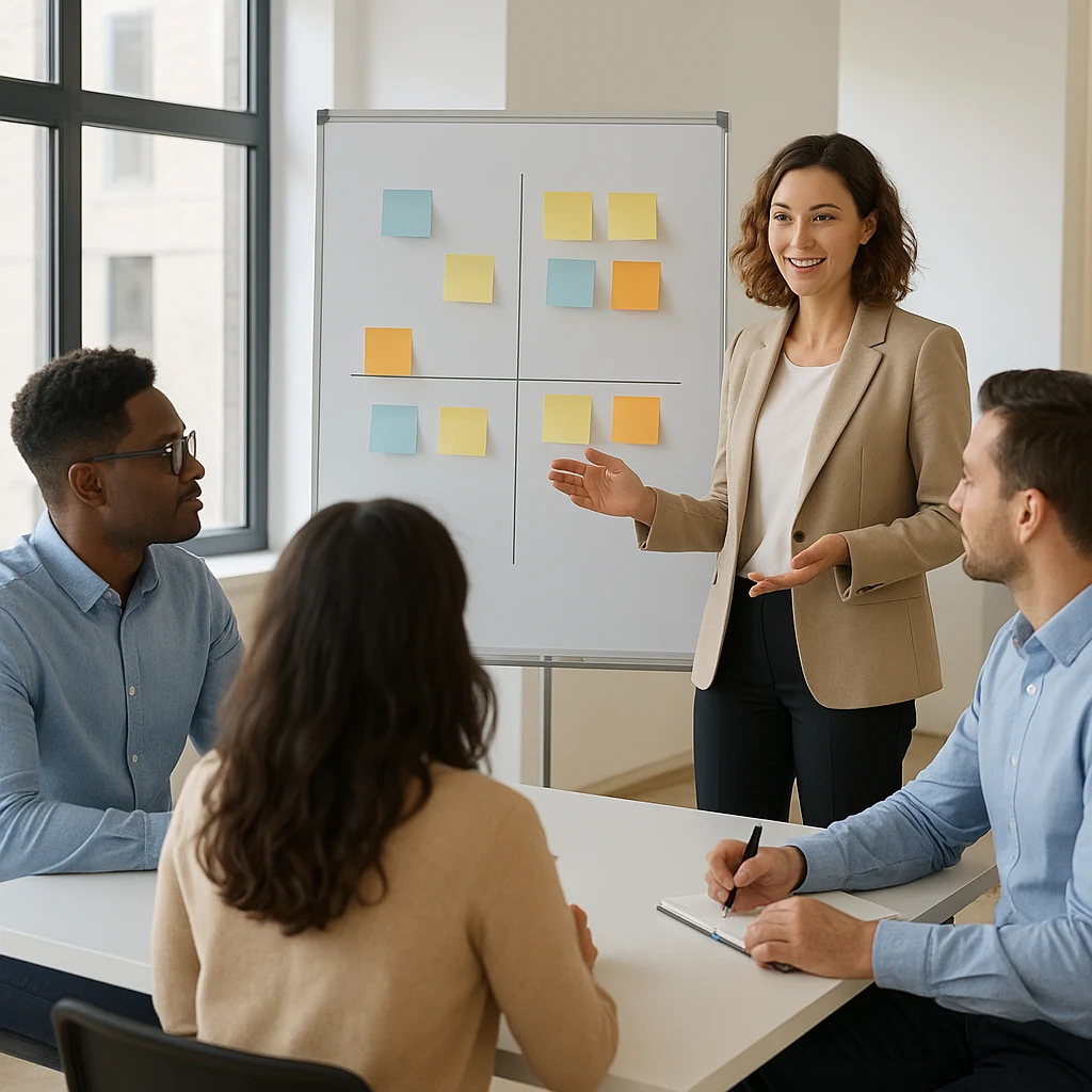 Manager expliquant les priorités de l’équipe dans un cadre professionnel
