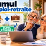 Deux seniors souriants regardent un ordinateur portable sur une table, entourés d'illustrations sur le cumul emploi-retraite et une tasse.