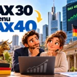 Deux personnes regardent un ordinateur portable; l’écran affiche DAX 40, avec taureau et drapeau allemand en arrière-plan.