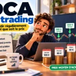 Homme assis devant un ordinateur observe un écran montrant un graphique boursier en hausse, des étiquettes 500 € Achat et des piles de pièces.