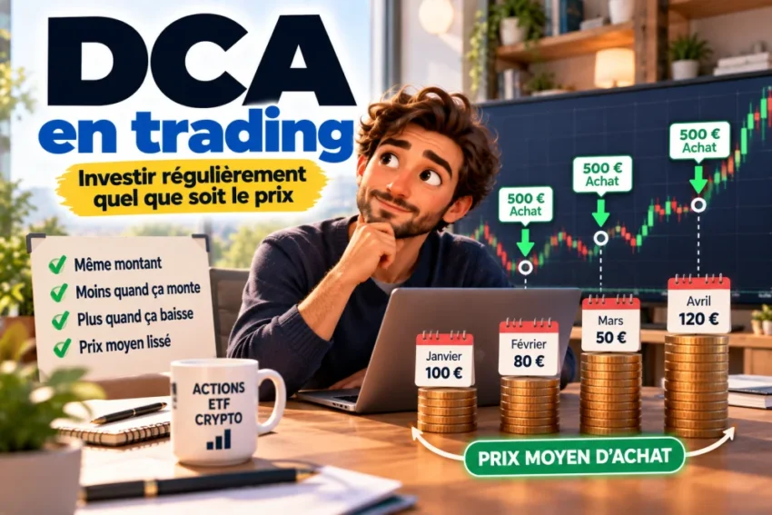 Homme assis devant un ordinateur observe un écran montrant un graphique boursier en hausse, des étiquettes 500 € Achat et des piles de pièces.