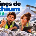 Deux ouvriers en gilets fluorescents discutent devant un tas de roches blanches, texte 'Mines de lithium 2027' visible, tablette en main.